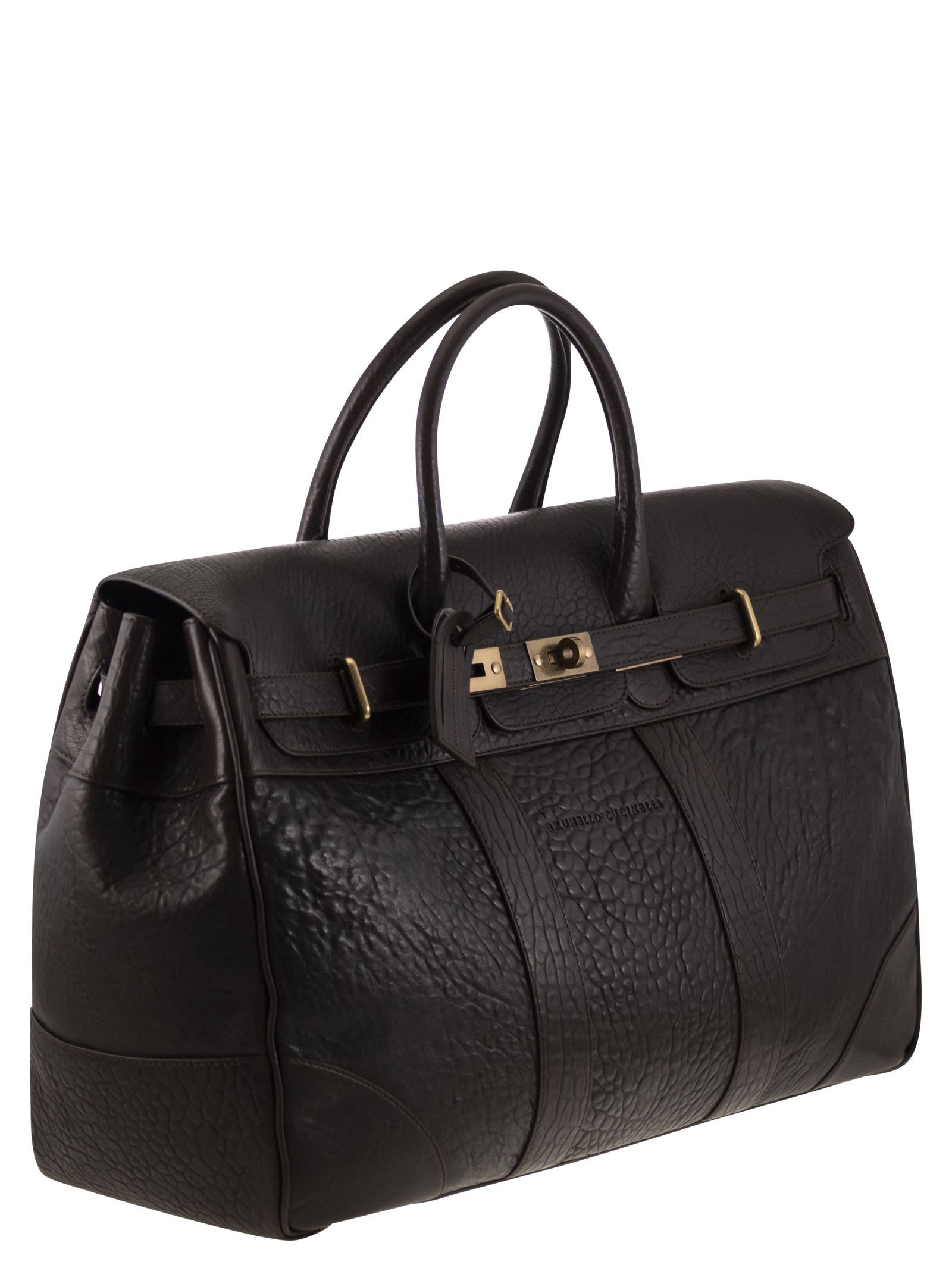 Brunello Cucinelli Men Country Leather Bag With Texture Grain In Multi