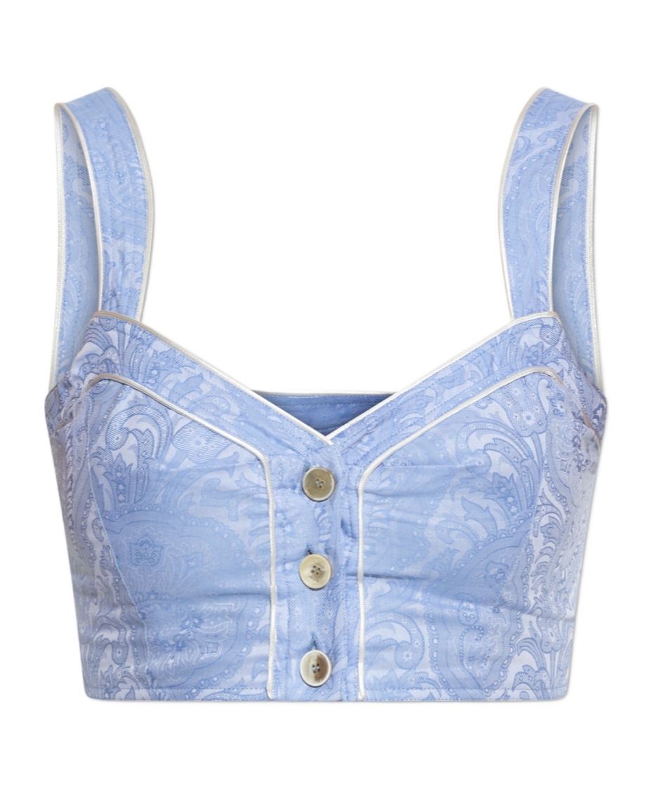 Etro Paisley Print Button Detail Cropped Top In Blue