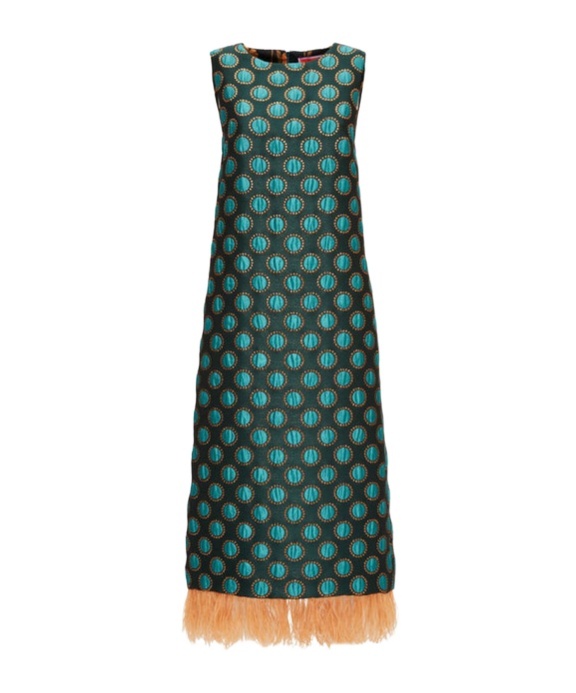La Doublej Jacquard Column Dress With Feather Trim In Green