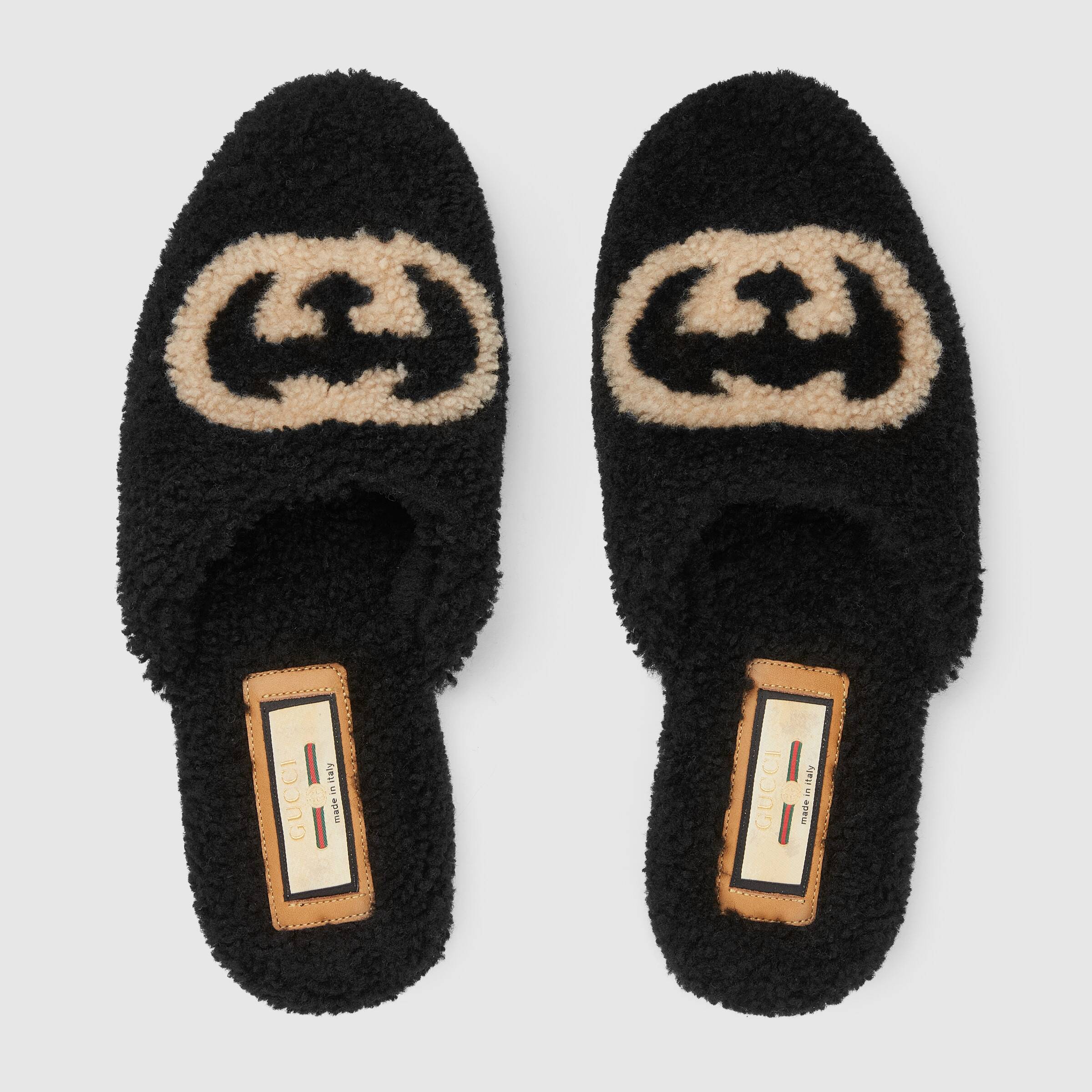 Gucci Interlocking G Merino Slippers In Black