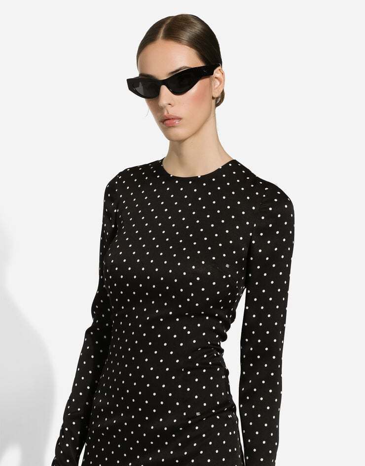 Dolce & Gabbana Charmeuse Calf-length Sheath Dress With Polka-dot Print In Black