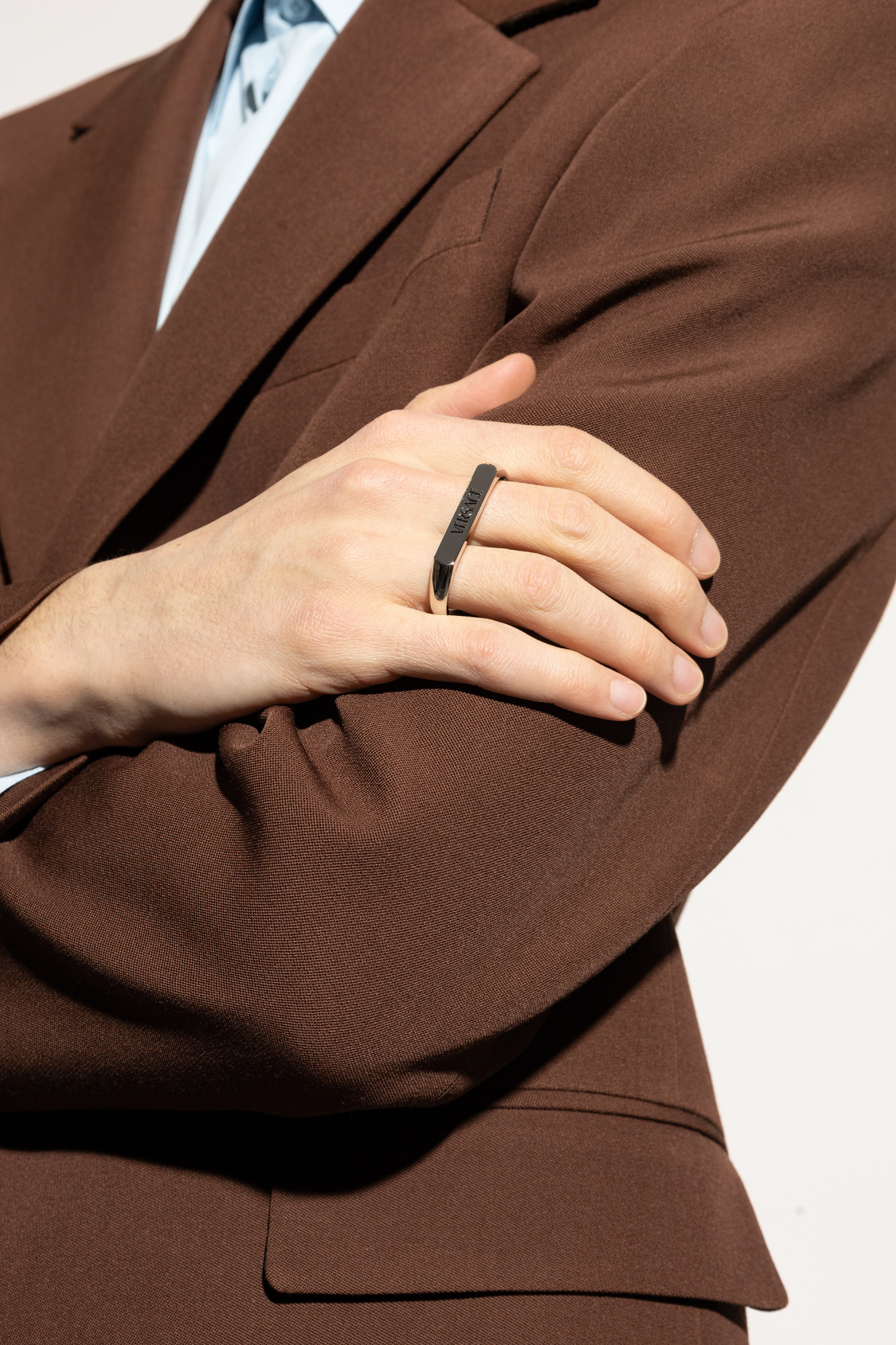 Versace Logo-engraved Two Finger Ring In Metallic