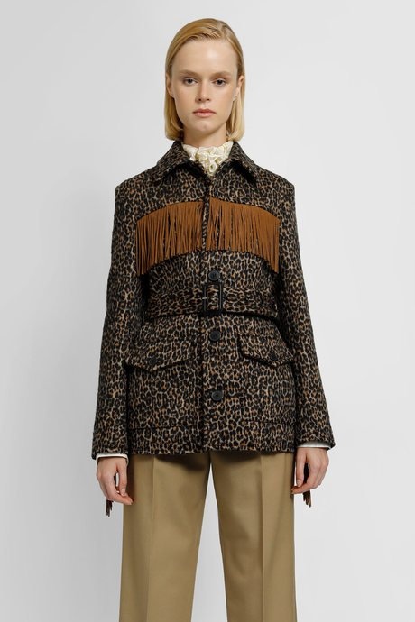 Saint Laurent Belted Fringed Leopard Wool-blend Jacquard Jacket In Black