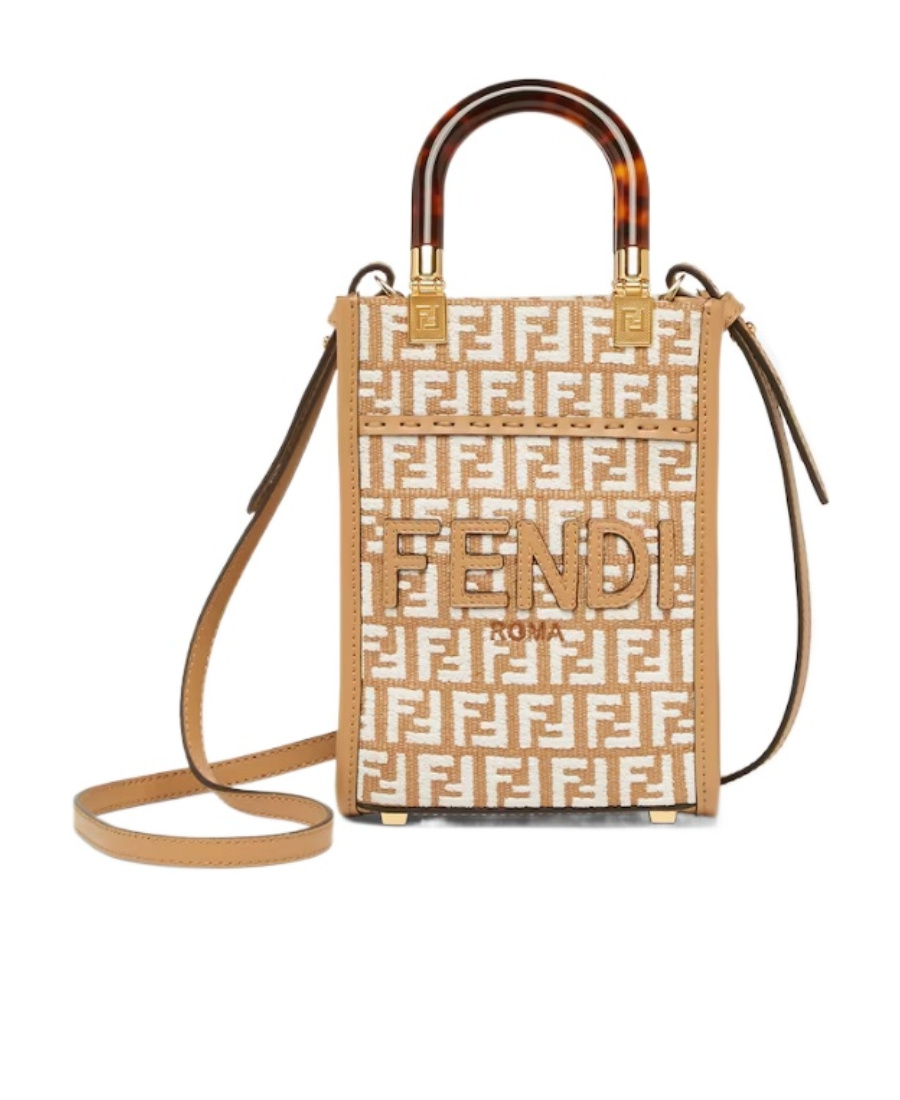 Fendi Raffia Mini Bag With White Tapestry Fabric Ff Motif In Nude
