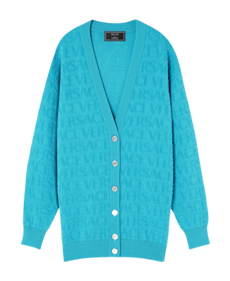 Versace Allover-jacquard Virgin Wool Cardigan In Blue