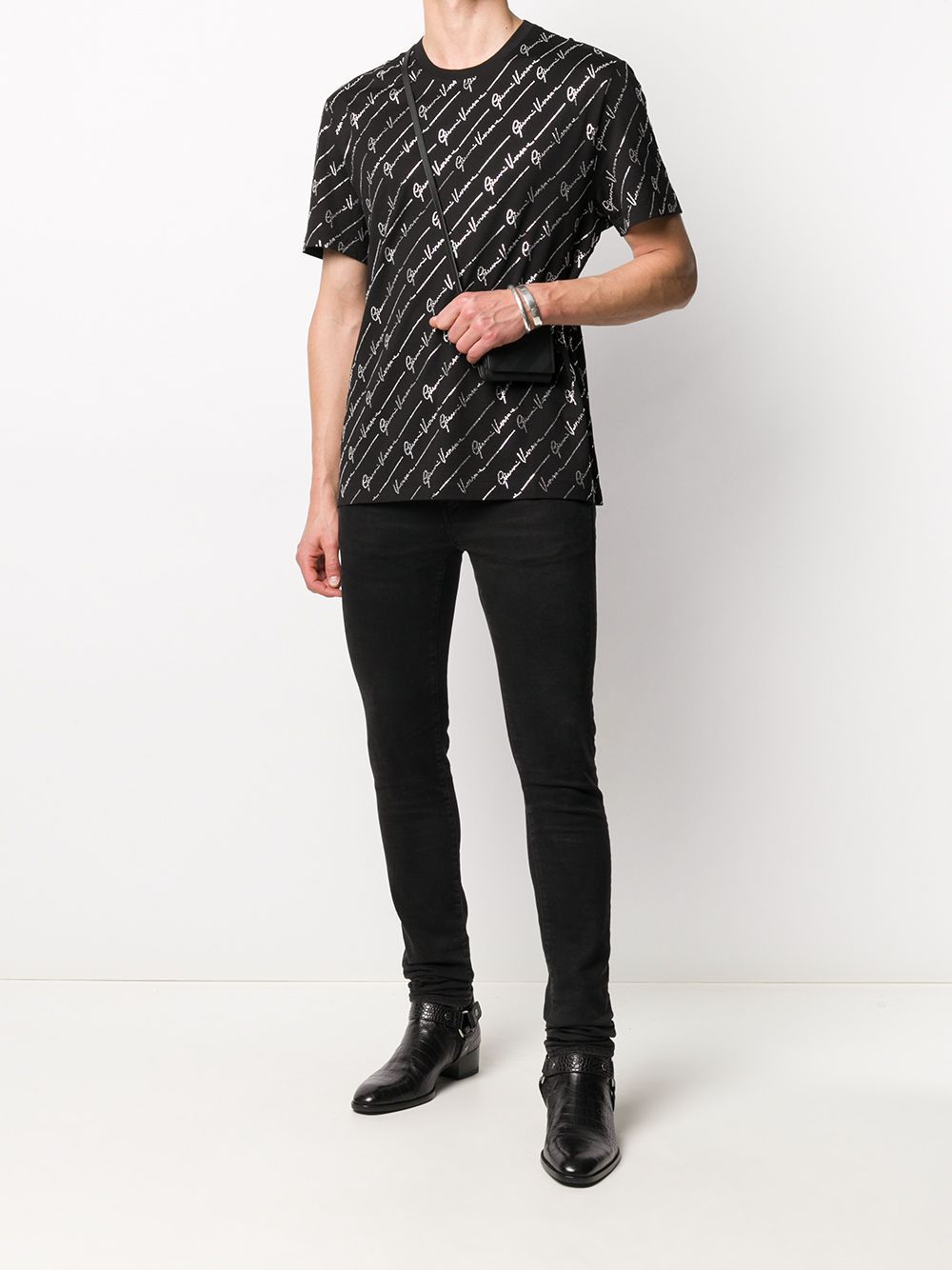 Versace Crystal Decorated Logo Inlaid T-shirt In Black