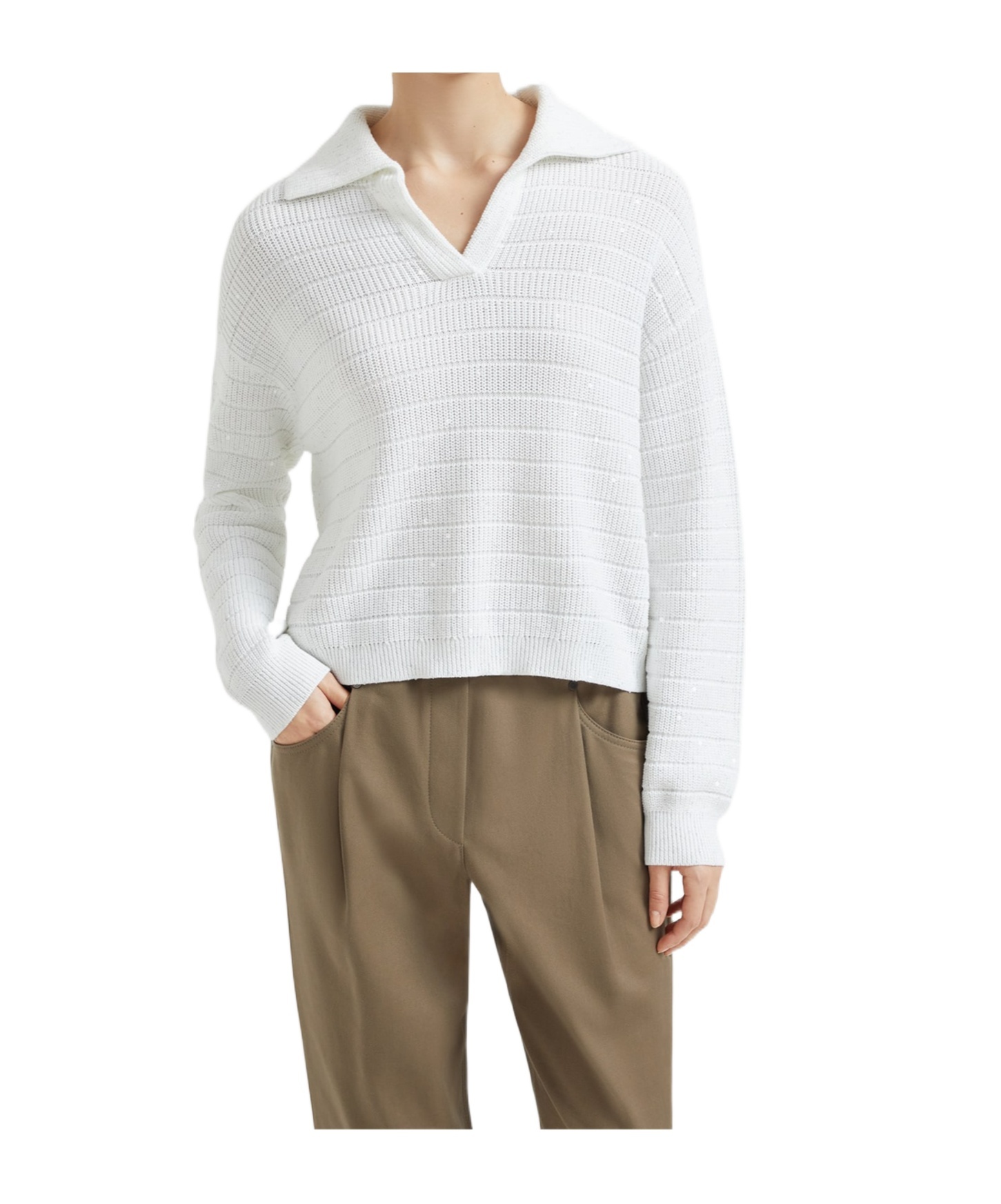 Brunello Cucinelli Lapel Long Sleeve Sweater In White