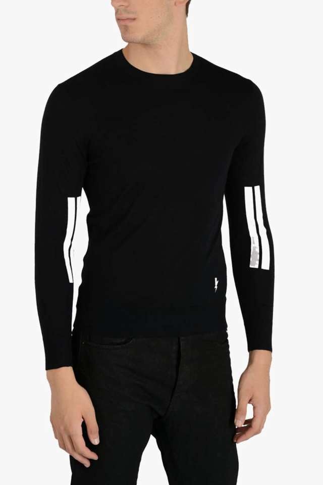 Neil Barrett Crew Neck Thunderbolt Wool Sweater In Black
