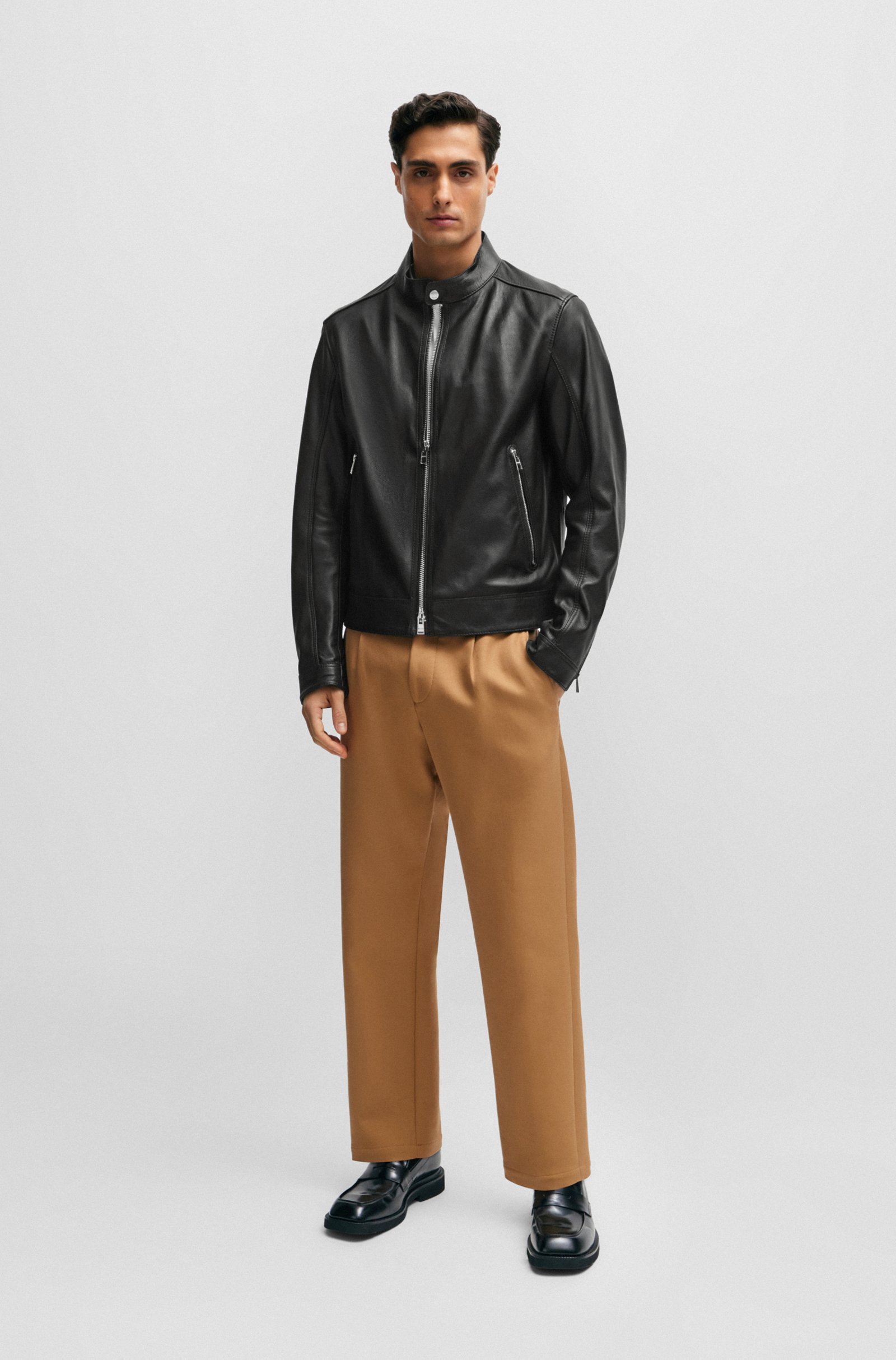 Hugo Boss Regular-fit Jacket In Grained Leather In Black