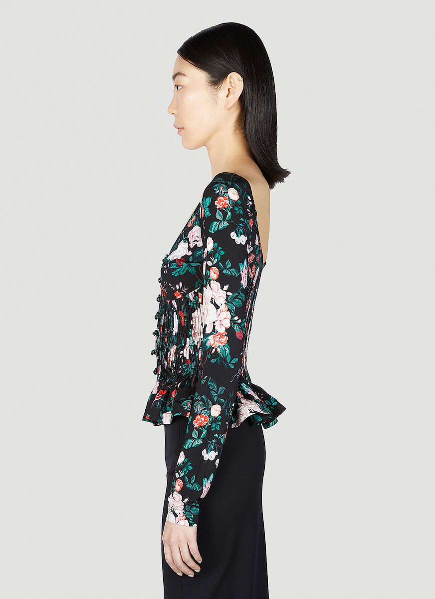 Rabanne Floral Print Viscose Top With Pleated Design In Black