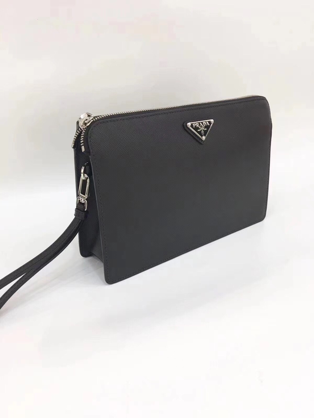 Prada Triangle Logo Leather Clutch Bag In Black