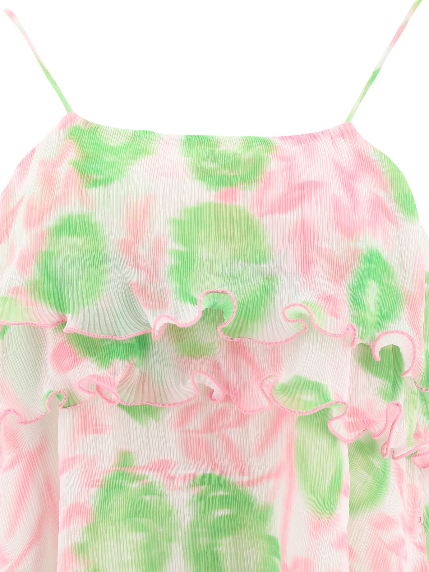 Ganni Ruffled-trim Graphic-print Dress In Pink