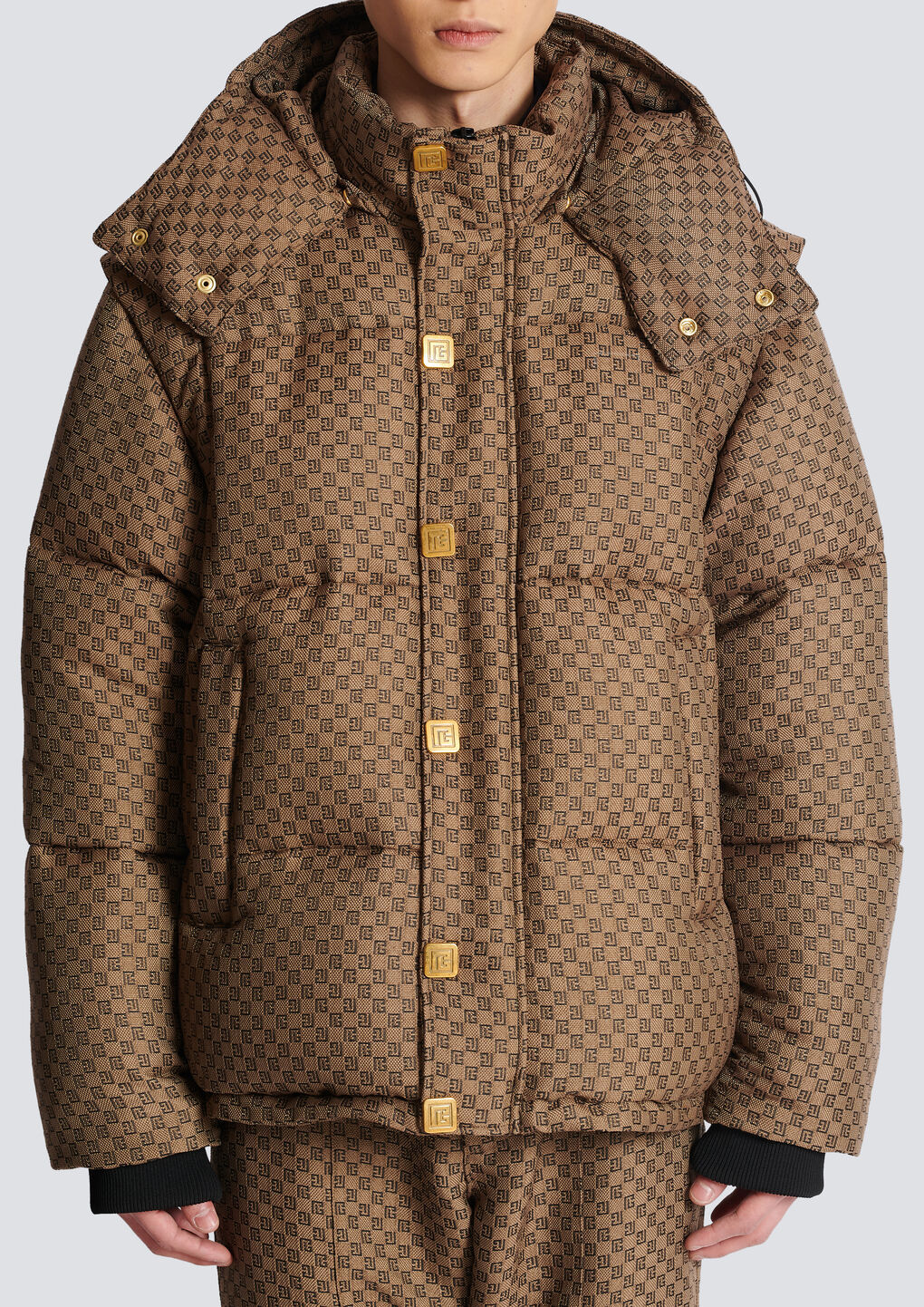 Shop Balmain Mini Monogrammed Down Jacket In Brown