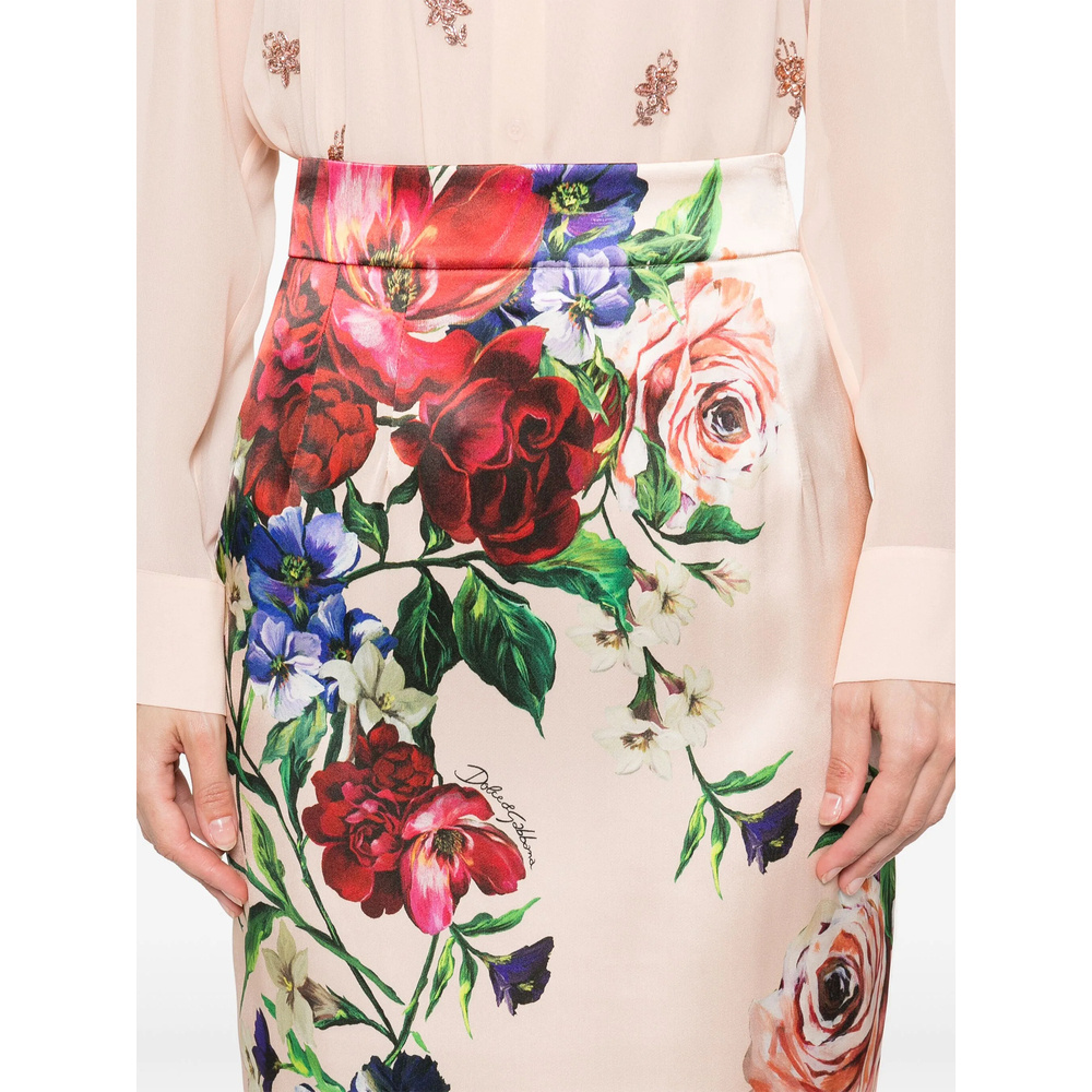 Dolce & Gabbana Printed Stretch Satin Skirt In Nude