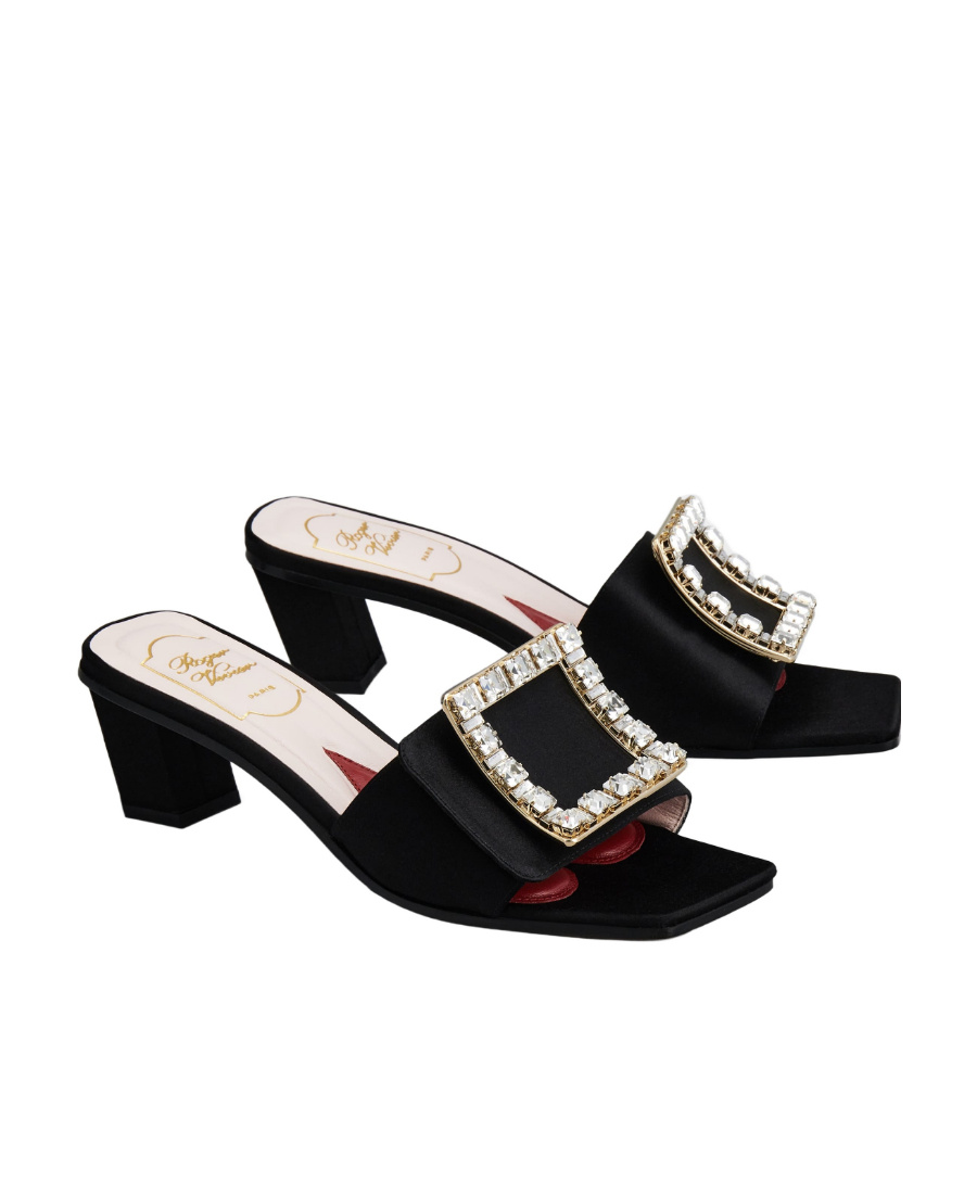 ROGER VIVIER BIKI LOVE STRASS BUCKLE MULES IN SATIN