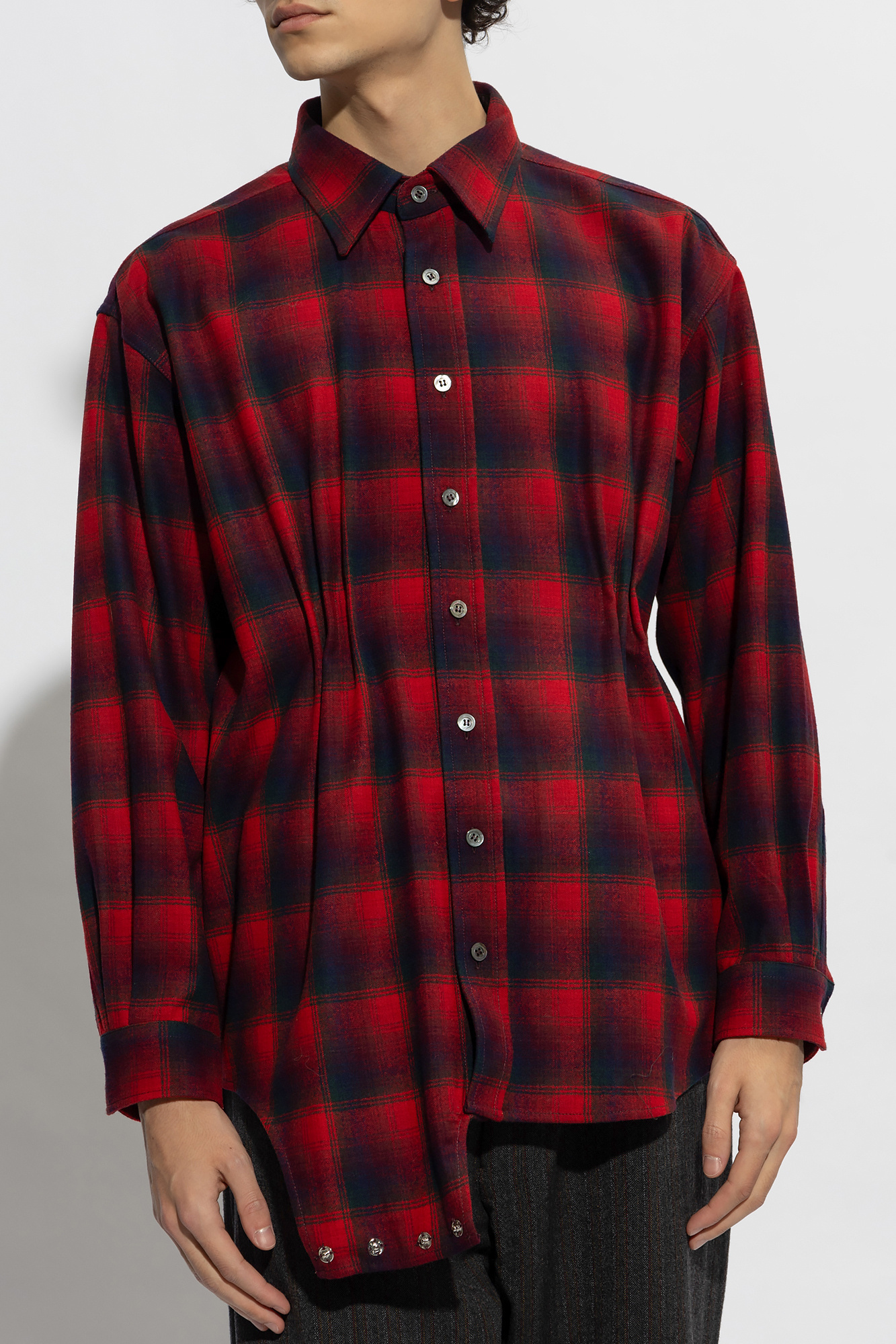 Maison Margiela Wool Chekered Shirt With Gathered Details In Brown