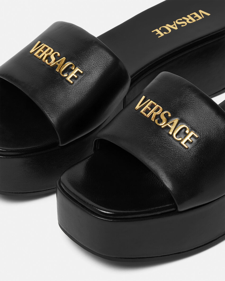 Versace Tag Platform Lambskin Leather Mules In Black