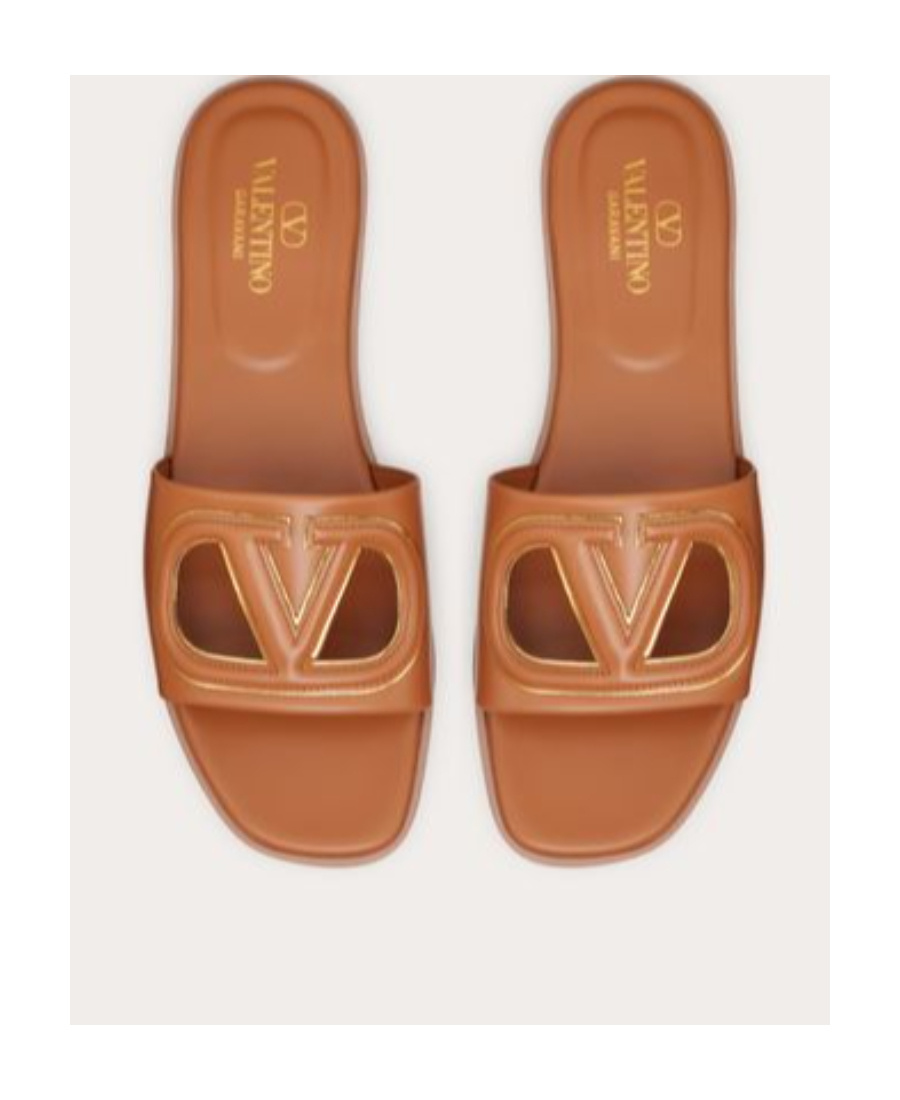 Valentino Vlogo Signature Flat Leather Sandals In Brown