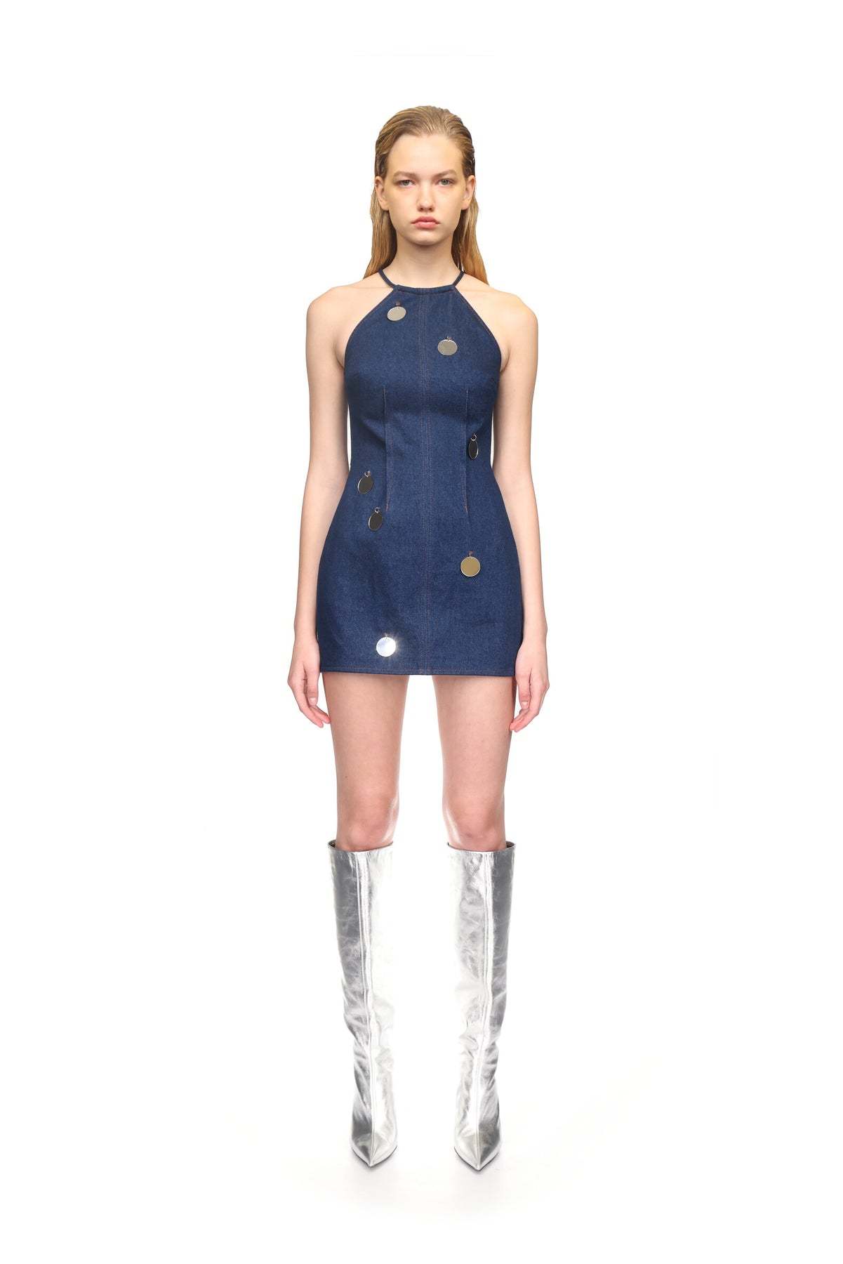 David Koma Mirror Sequin Denim Mini Dress In Blue