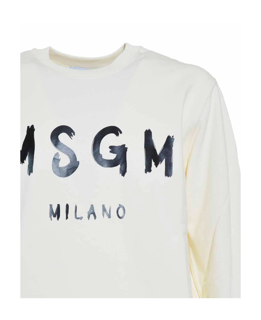 Msgm Cream Cotton Crewneck Sweatshirt With Brush Logo Print In White