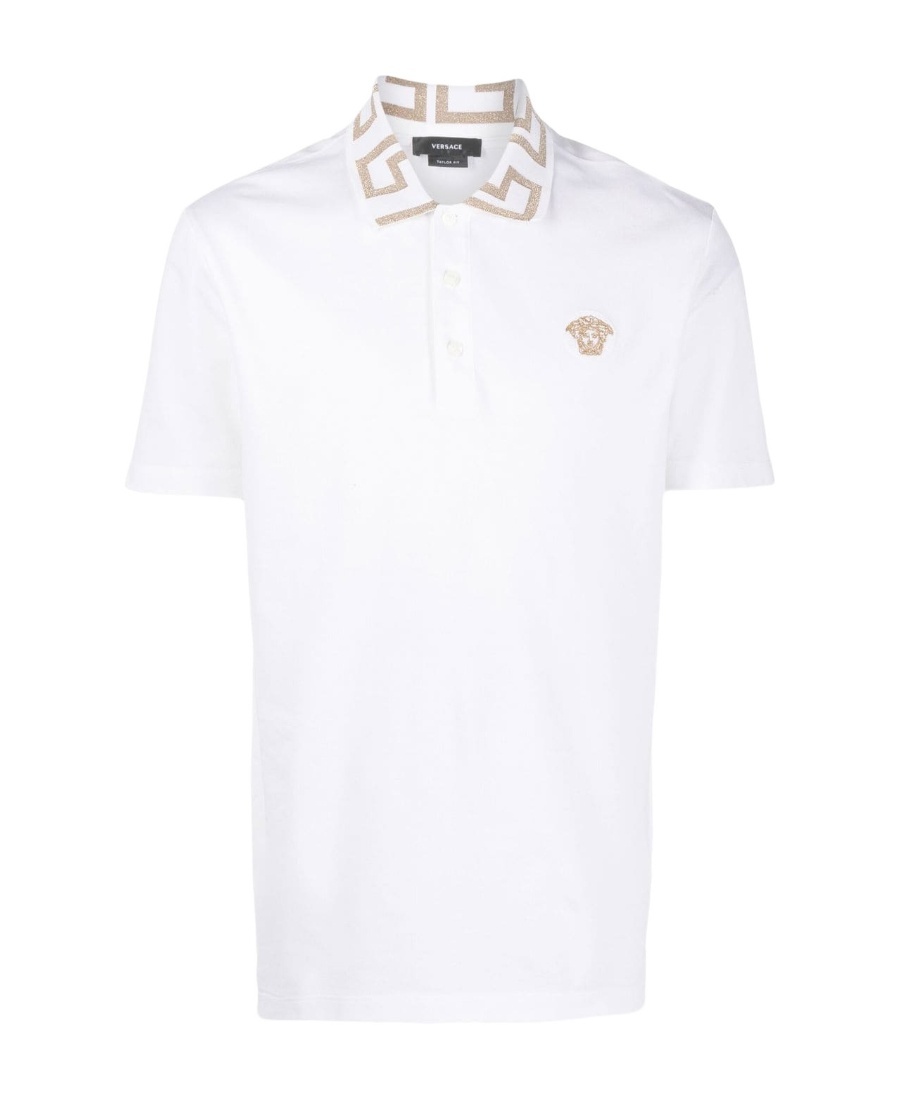 Versace Men Greca Polo Shirt With Short Sleeves In White