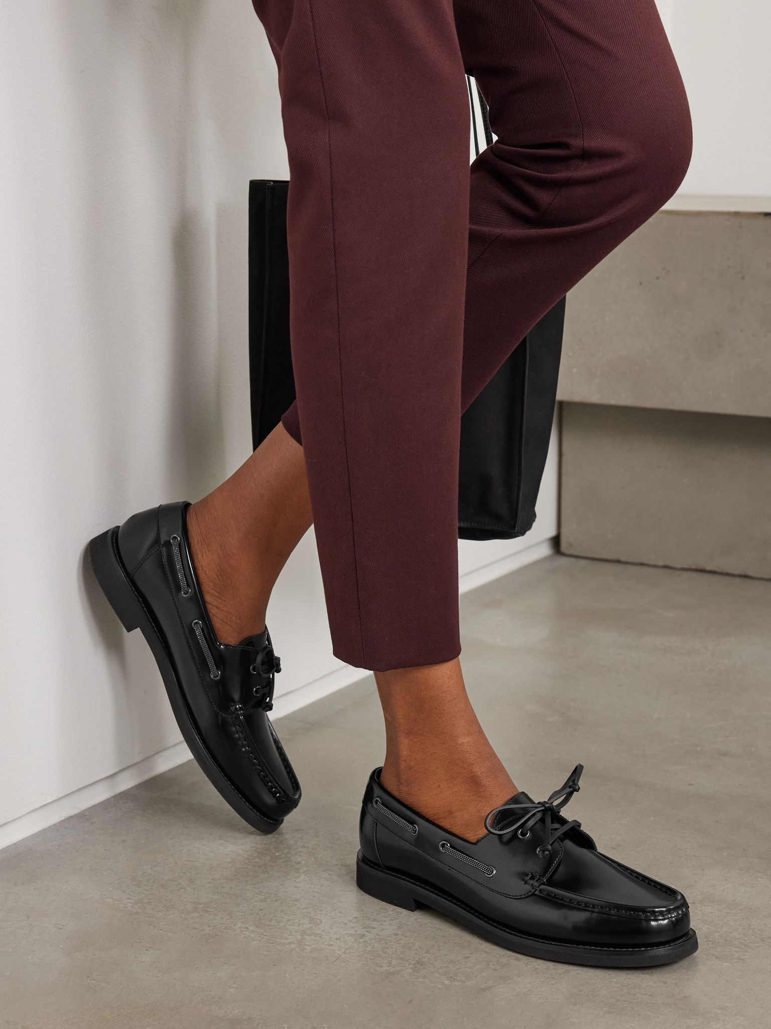 Brunello Cucinelli Embellished Polished-leather Boat Shoes In Black