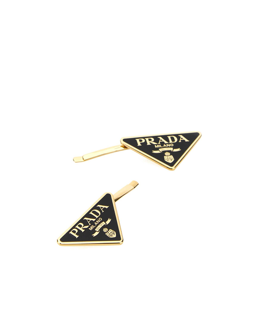 Prada Metal Hair Clip Set With Logoed Triangle In Black