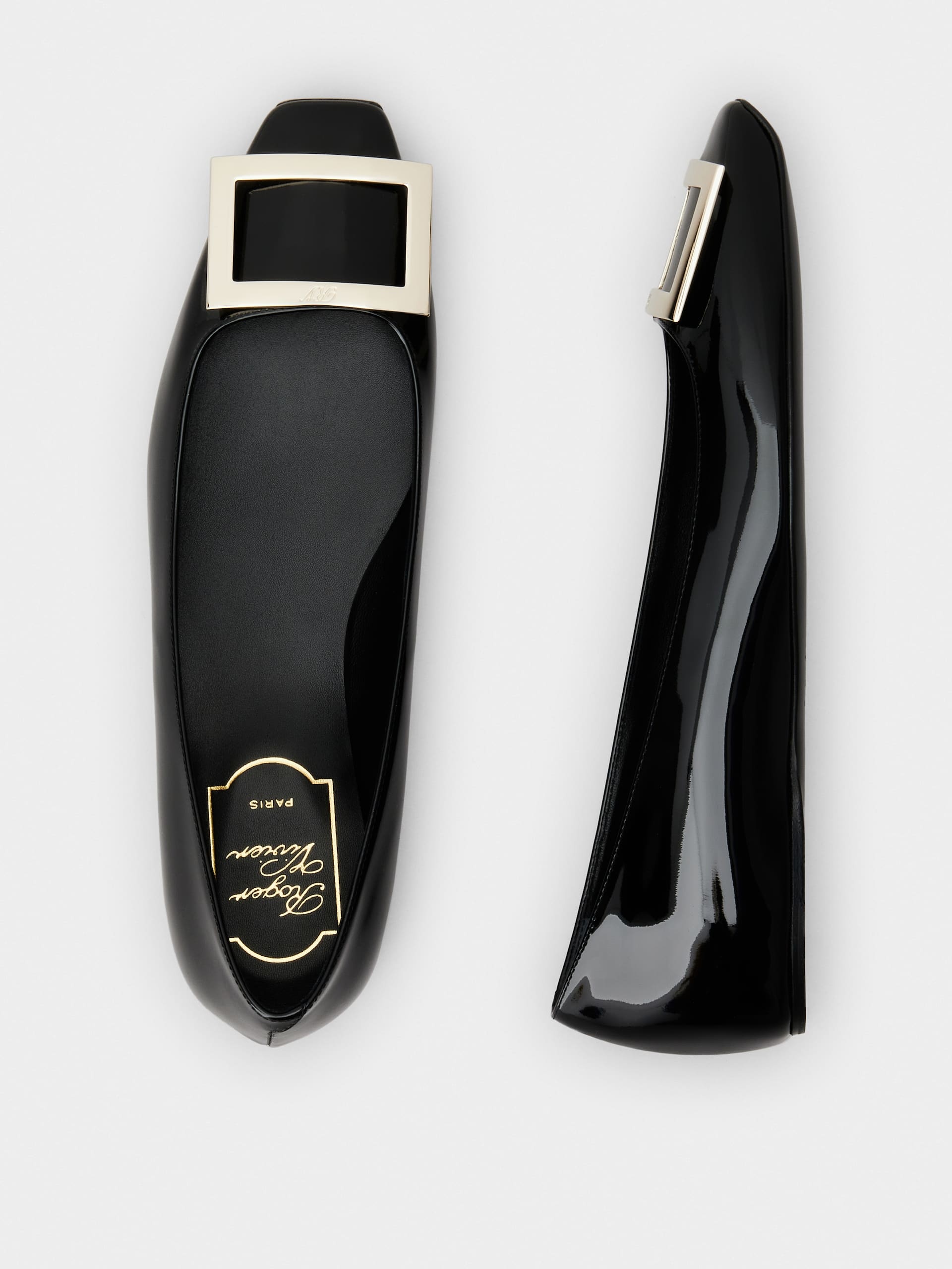 Roger Vivier Trompette Metal Buckle Ballerinas In Black Leather In Black