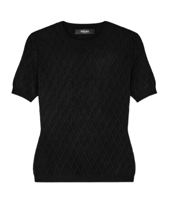 Versace V Allover Jacquard Fitted Knit T-shirt In Black