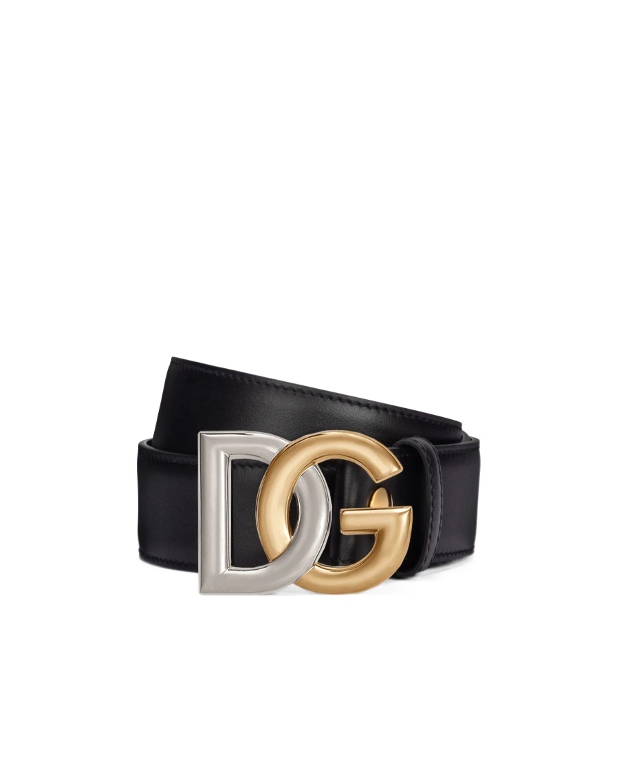 Dolce & Gabbana Calfskin Belt With Double-plated Dg Logo In Black