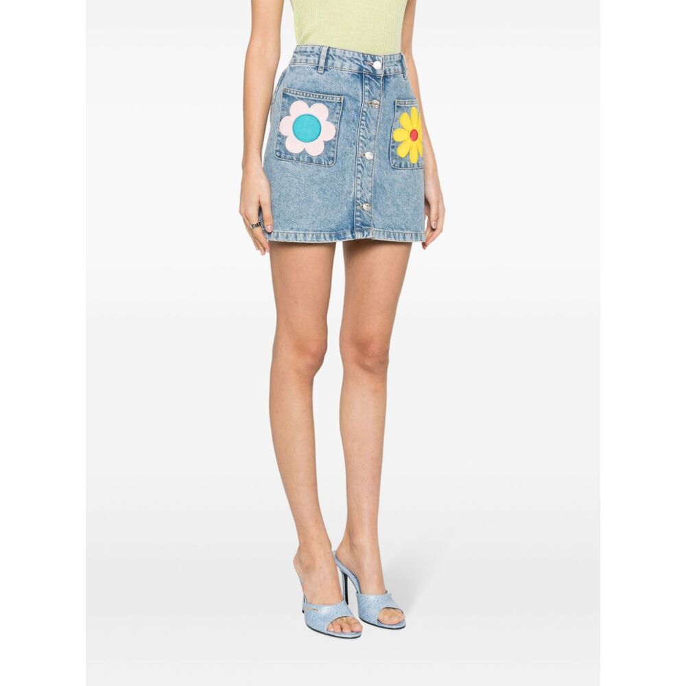 Shop Moschino Floral-patches Denim Miniskirt In Blue