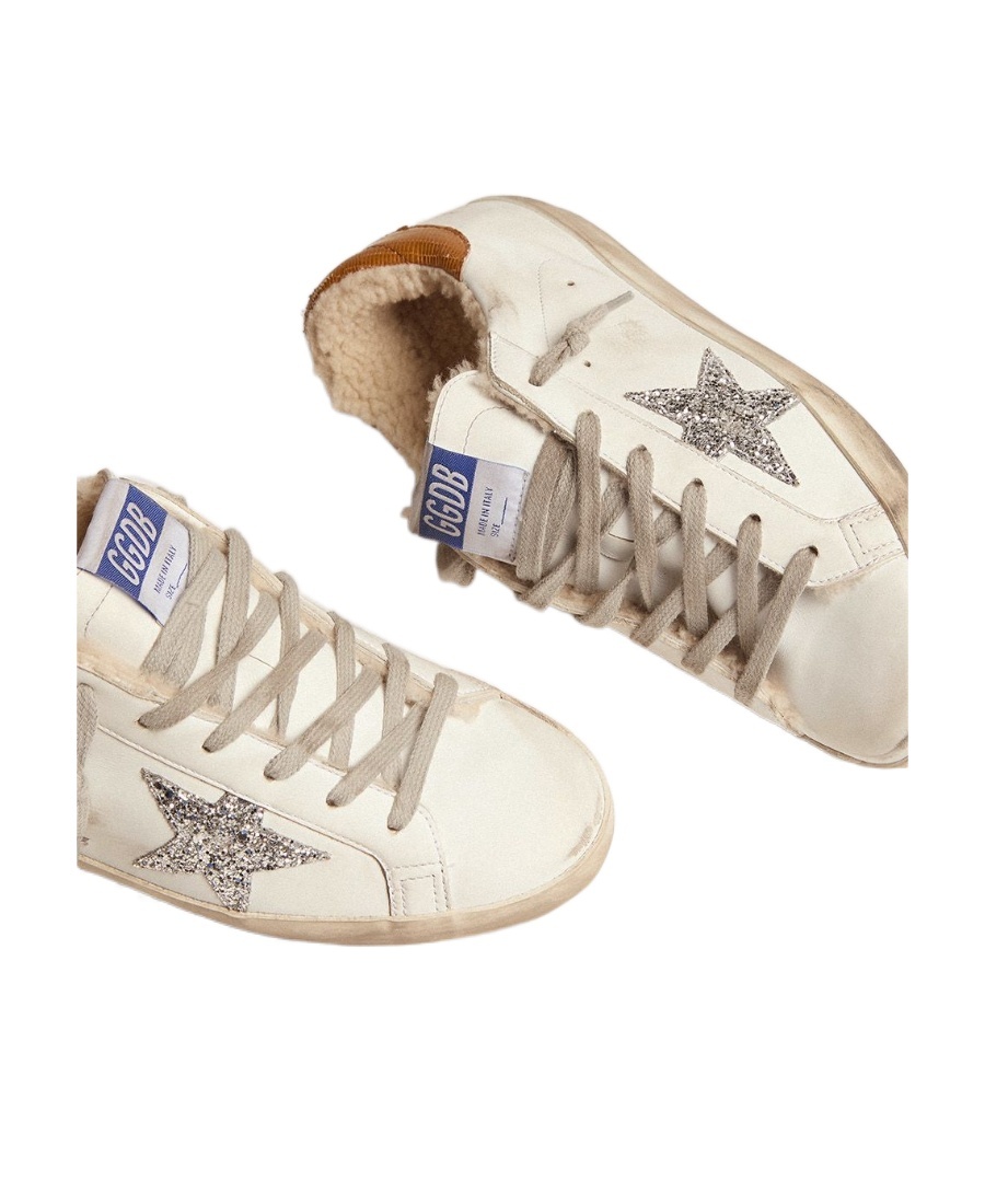 Shop Golden Goose Super-star Sneakers With Shearling Lining, Silver Glitter Star And Lizard-print Dove-gray Leather He