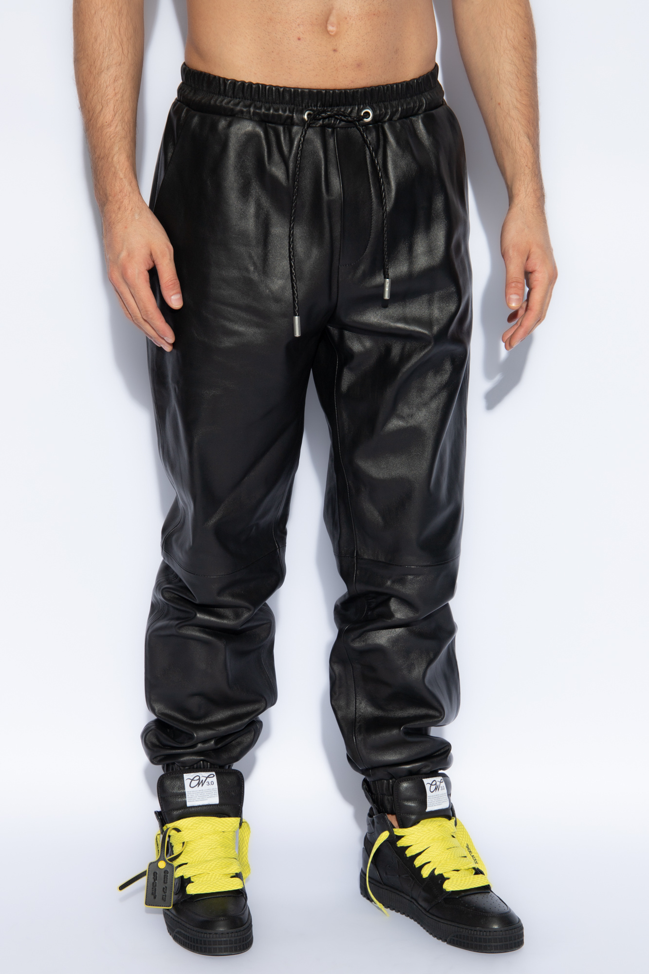 Off-white Leather Joggers With Drawstrings In Black