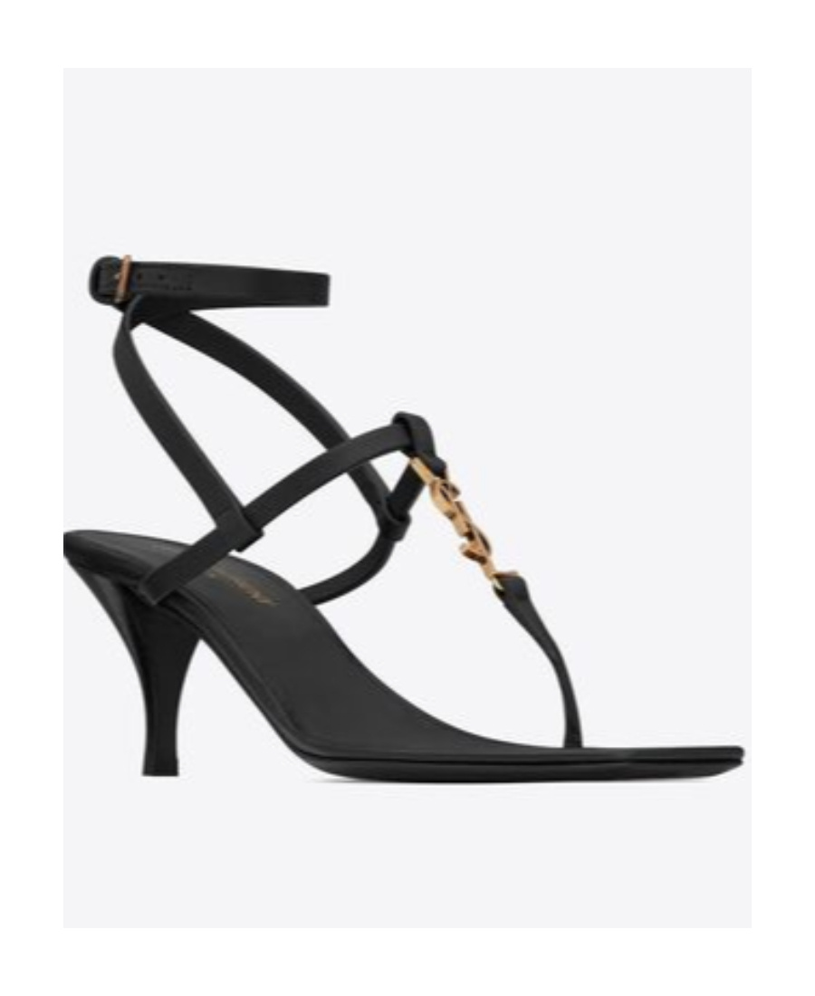 Saint Laurent Cassandra Sandals In Smooth Leather With Gold Monogram In Black