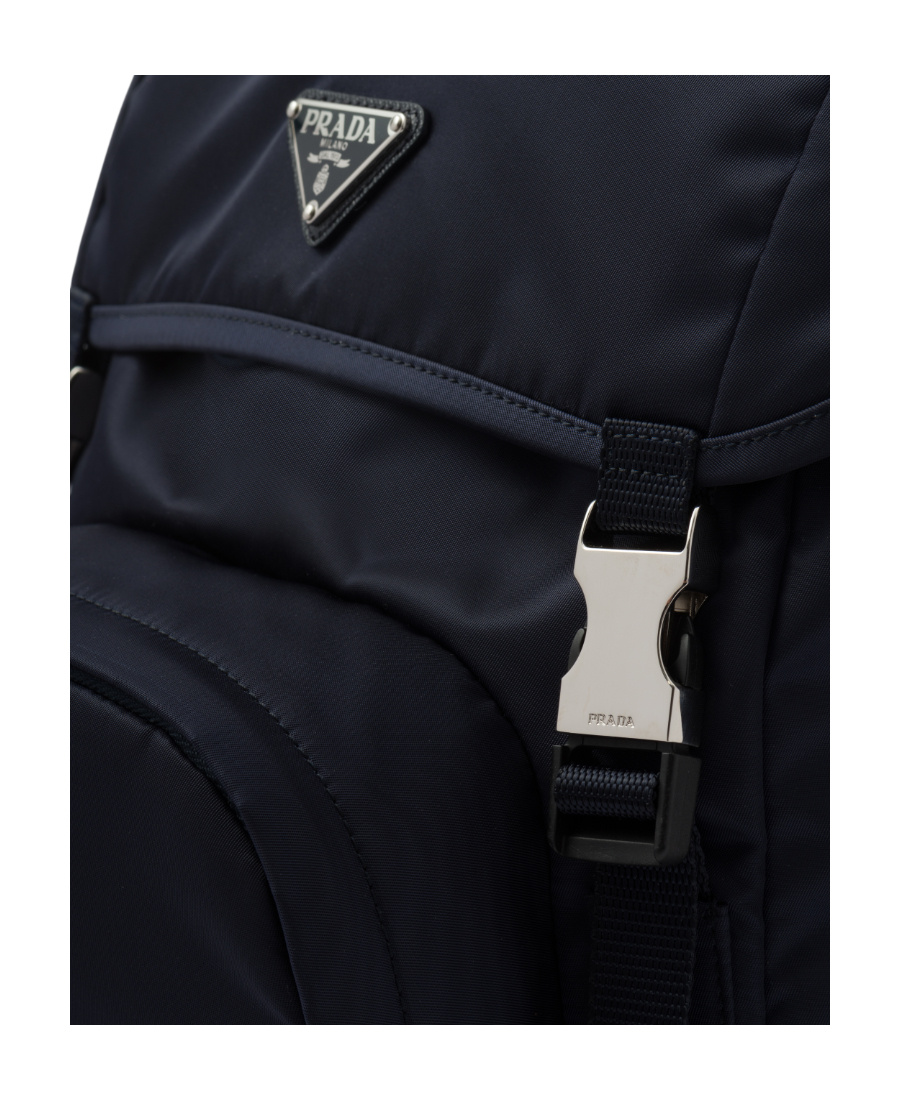 Prada Structured Leather Backpack With Logo Zipper Closure In Blue