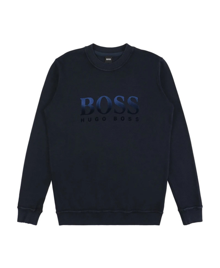 Shop Hugo Boss Navy Blue Round Collar Logo Sweater In Black