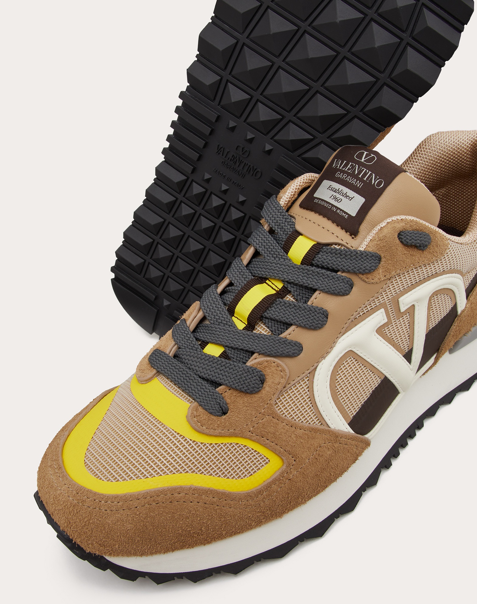Shop Valentino Vlogo Pace Low-top Sneaker In Split Leather, Fabric And Calf Leather In Brown