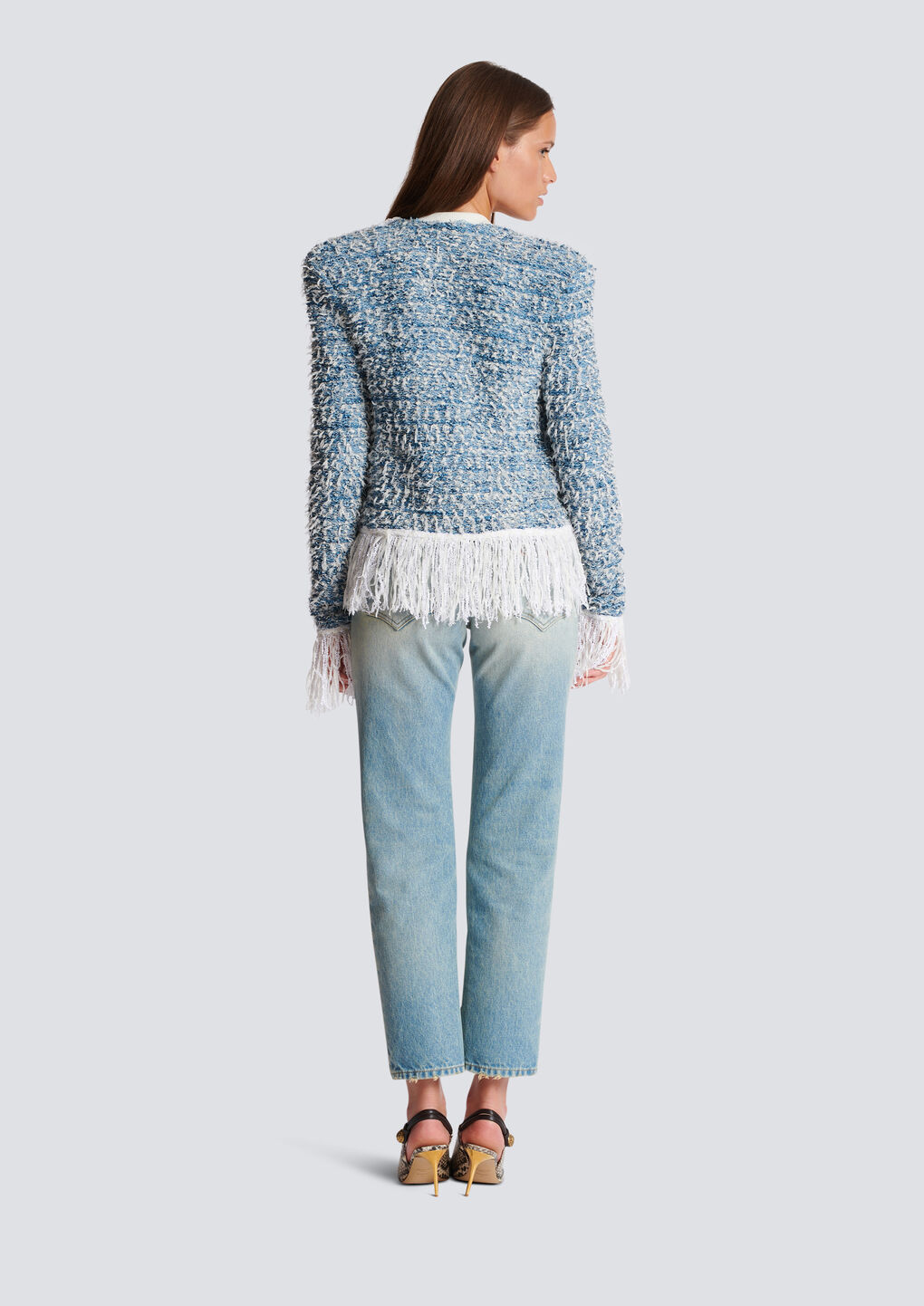 Shop Balmain Fringed Denim Tweed Jacket In Blue