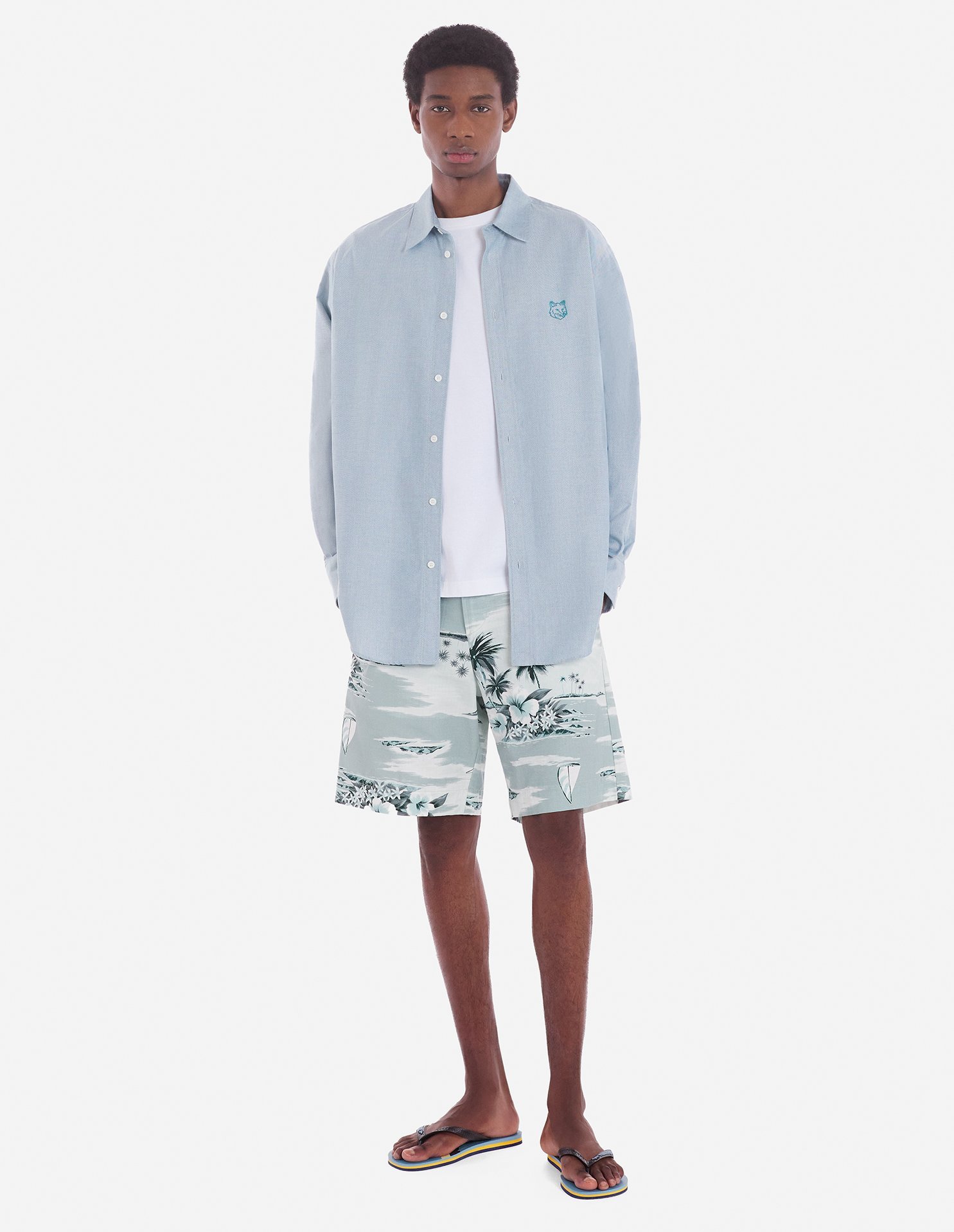 Shop Maison Kitsuné Hawaiian Landscape-print Deck Shorts In White