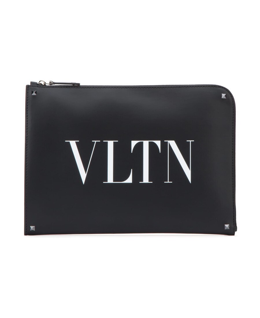 Valentino Vltn Logo Leather Pouch In Black