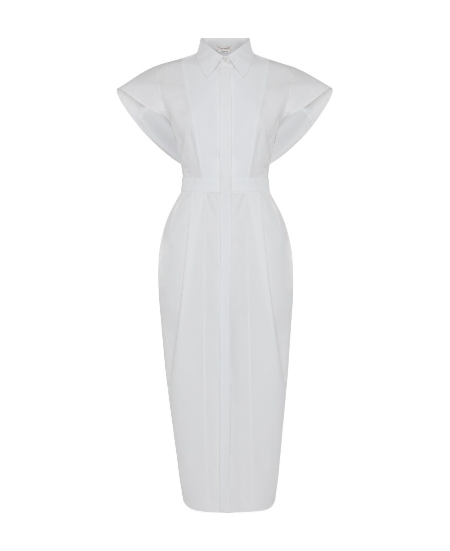 Alexander Mcqueen Collared Short-sleeved Midi Dress In White