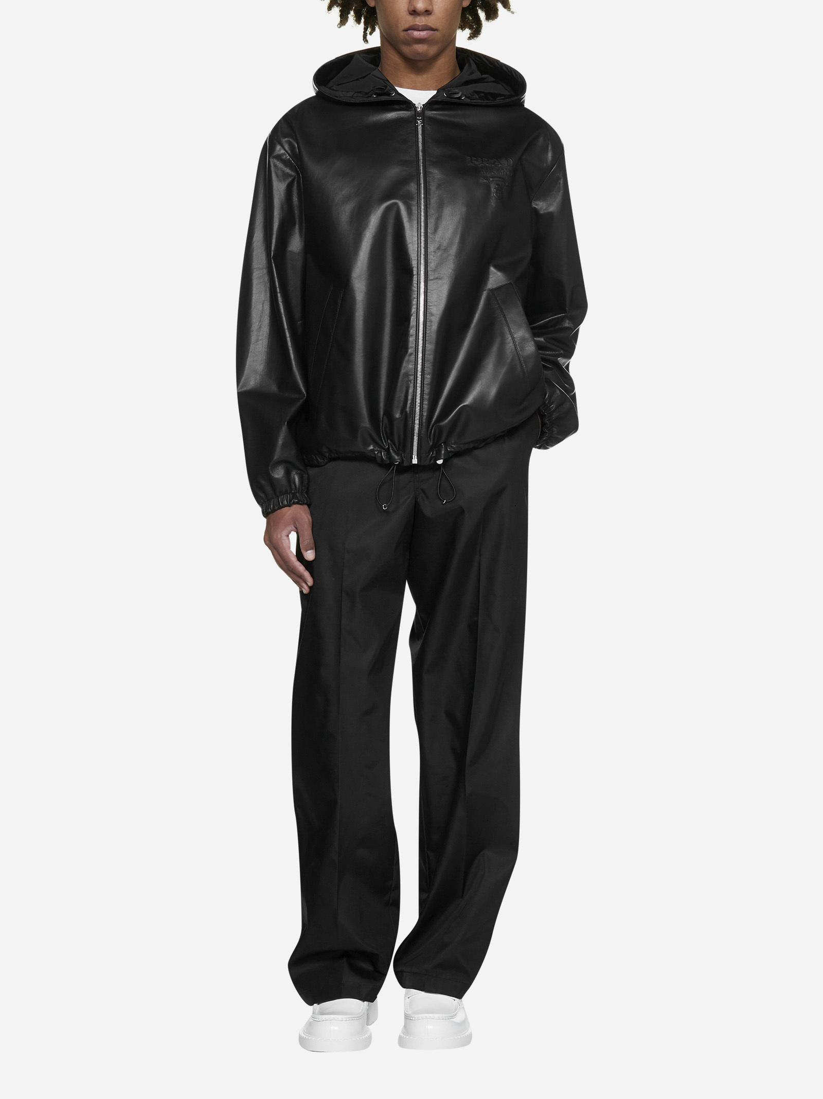 Prada Debossed-logo Hooded Leather Jacket In Black