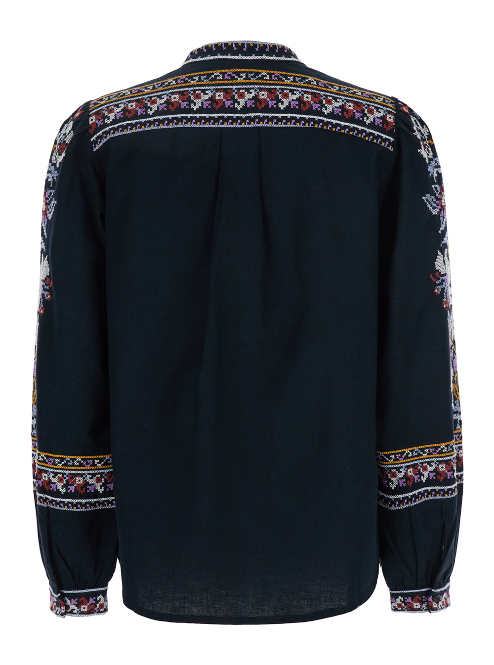 Bash 'caloe' Blue Blouse With Round Neck And All-over Embroidery In Cotton And Linen Blend In Black