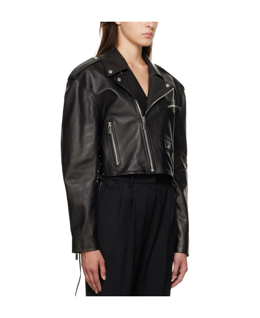Magda Butrym Cropped Lace-up Leather Biker Jacket In Black