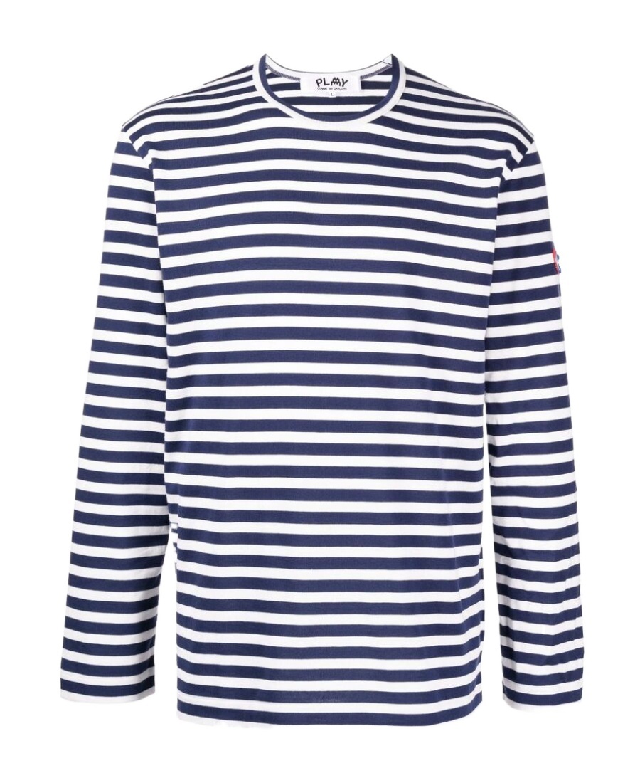 Comme Des Garçons Play X The Artist Invader Pixelated-appliqué Striped T-shirt In Blue