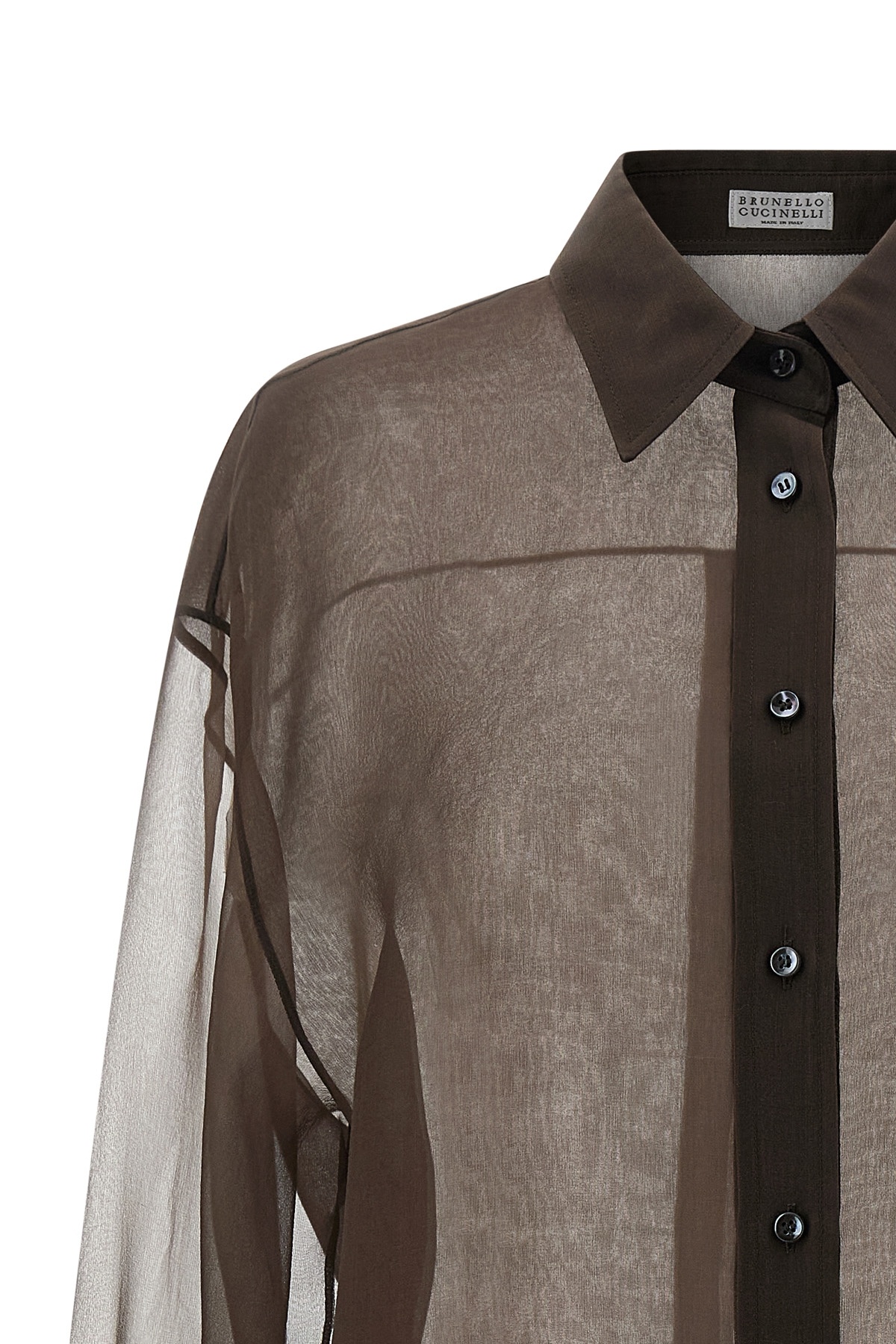 Brunello Cucinelli Sheer Long Sleeve Buttoned Cuff Shirt In Brown
