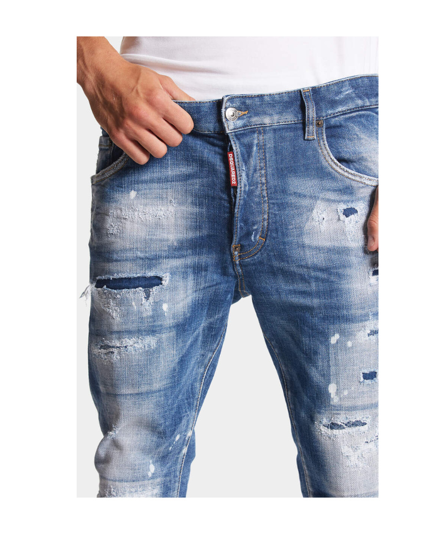 Dsquared2 Blue Slim Jeans With Rips And Bleach Effect In Cotton Blend Denim Man In Blue