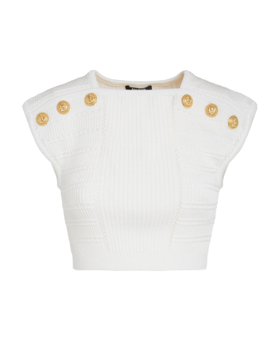 BALMAIN BUTTON-EMBELLISHED KNITTED CROPPED TOP