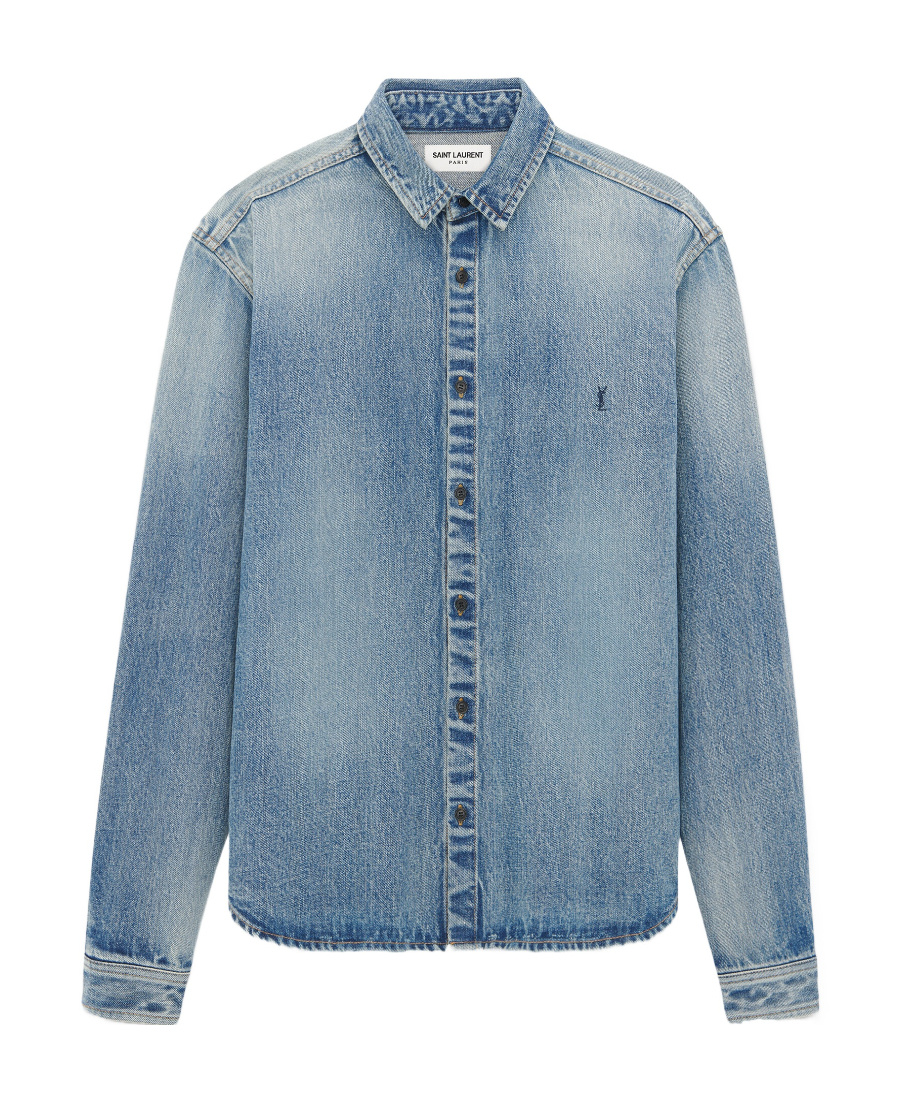 Saint Laurent Trouville Logo-embroidered Denim Shirt In Blue