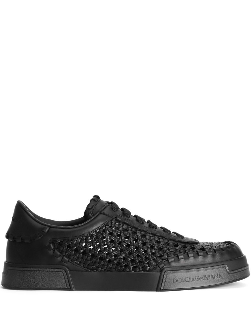 Dolce & Gabbana Round Toe Leather Low Top Sneakers In Black